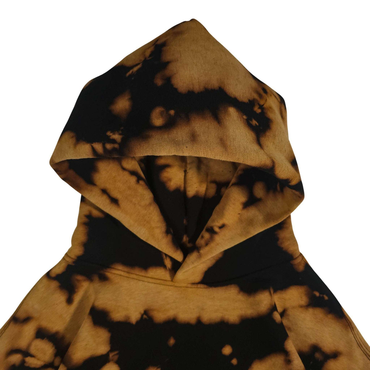 Relaxed tie-dye hoodie hood and pouch pocket, black and tan bleach camo print