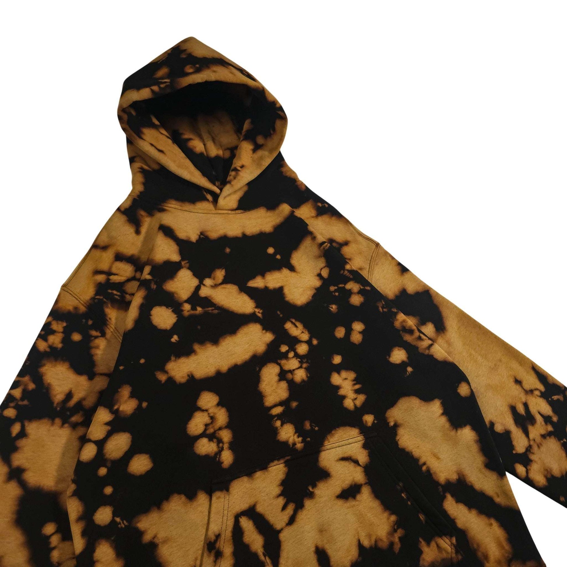 Relaxed tie-dye hoodie with hood, black and tan bleach camo splash design