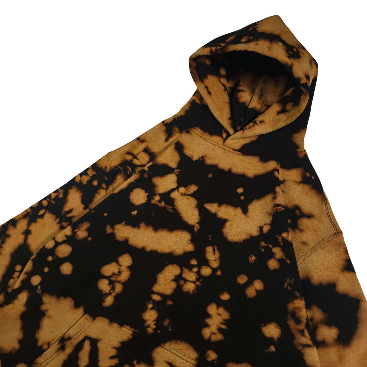 Relaxed tie-dye hoodie front view, black and tan bleach camo splatter pattern