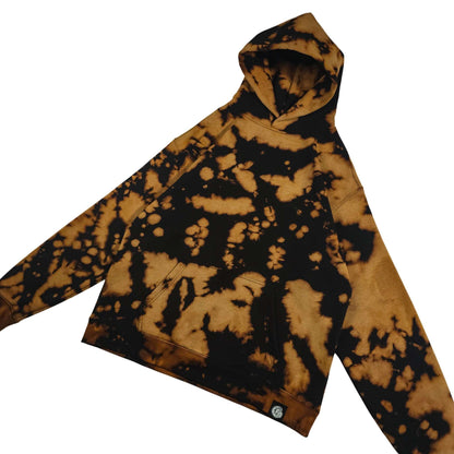 Relaxed tie-dye hoodie with pouch pocket, black and tan bleach camo tie-dye print