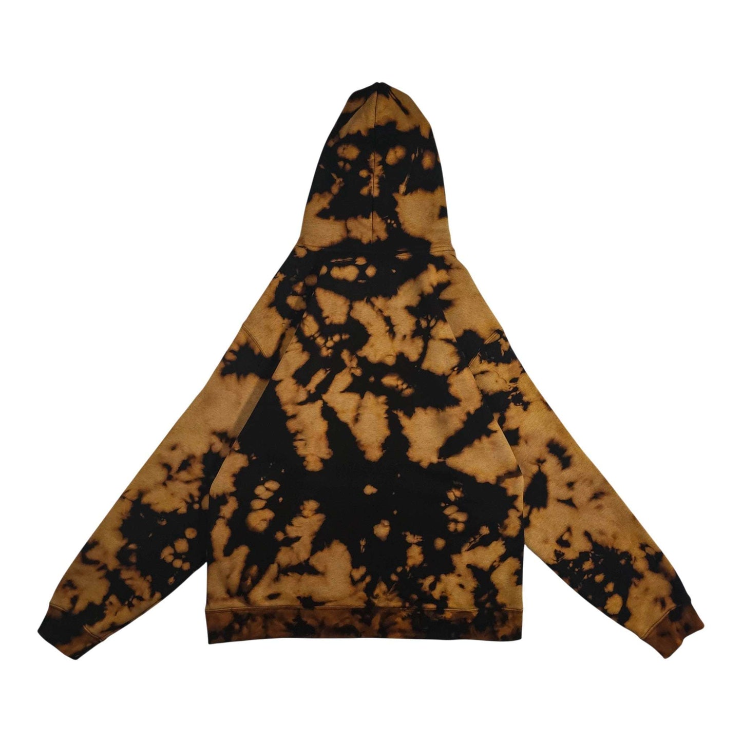 Relaxed tie-dye hoodie back with hood, black and tan bleach camo splatter pattern