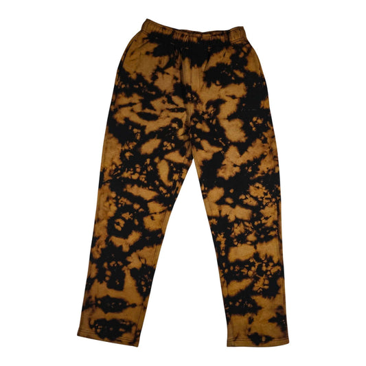 Cuffless tie-dye jogging bottoms with elastic waistband and drawstring, tan and black