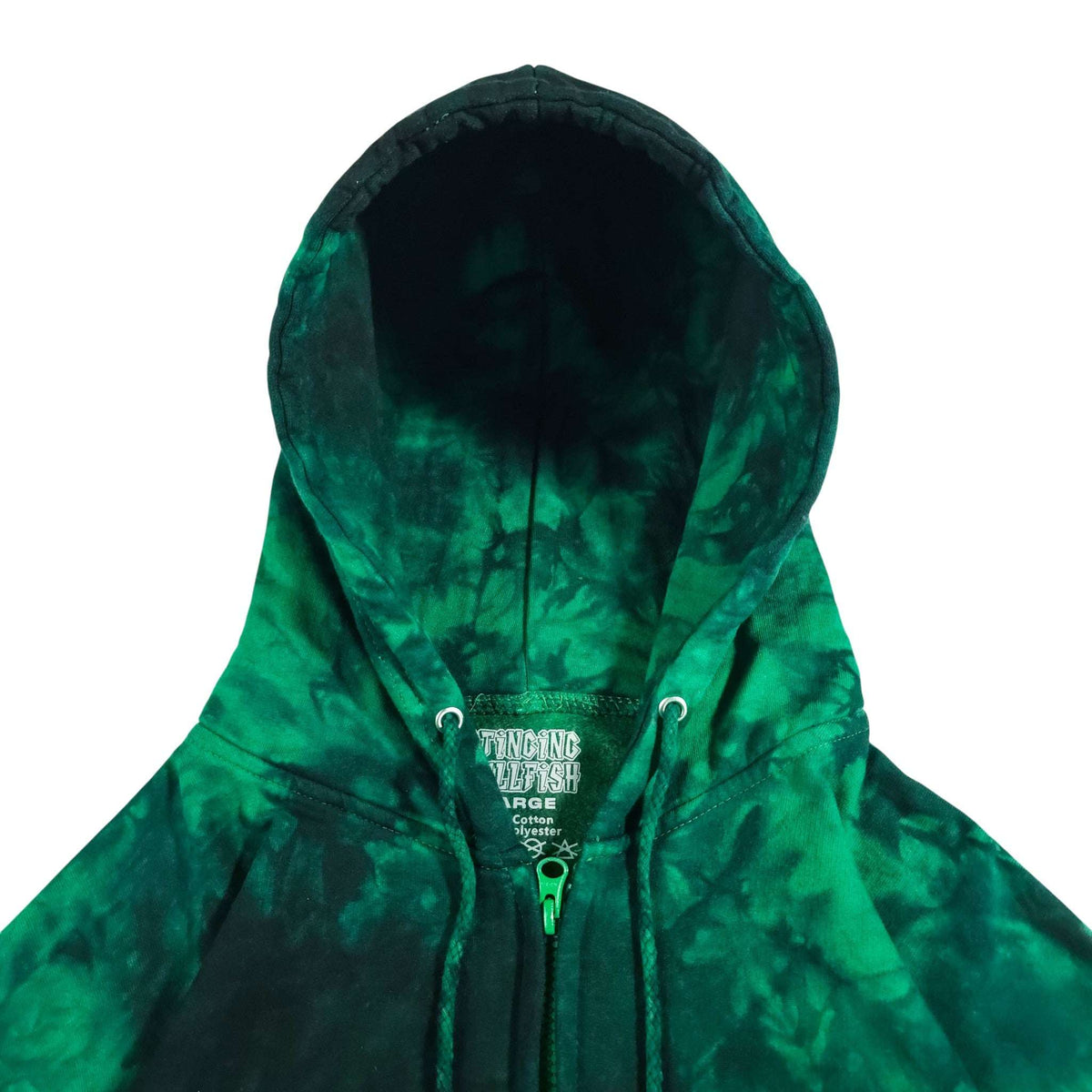 Green and black tie-dye zip hoodie hood close-up with drawstrings