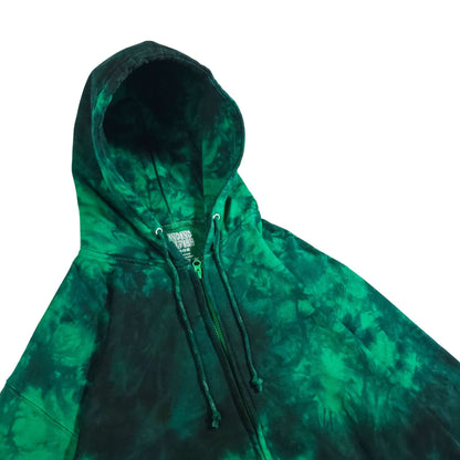 Green and black tie-dye zip hoodie with hood and front drawstring cords