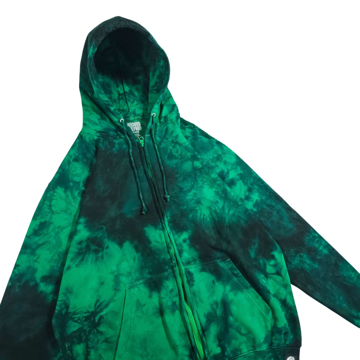 Green and black tie-dye zip-up hoodie with full front view, kangaroo pocket