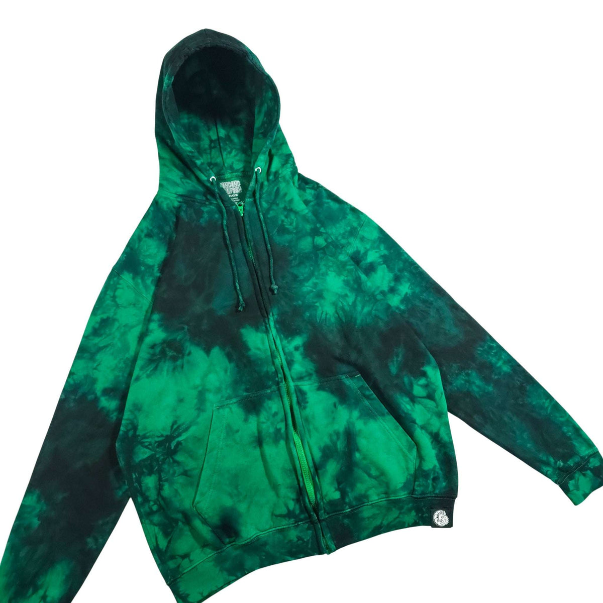 Green and black tie-dye zip hoodie with hood, front zipper, kangaroo pocket