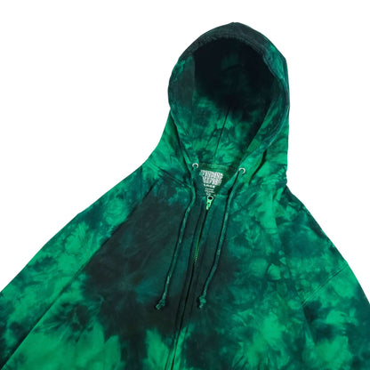 Green and black tie-dye zip hoodie, hood opening and front drawstrings