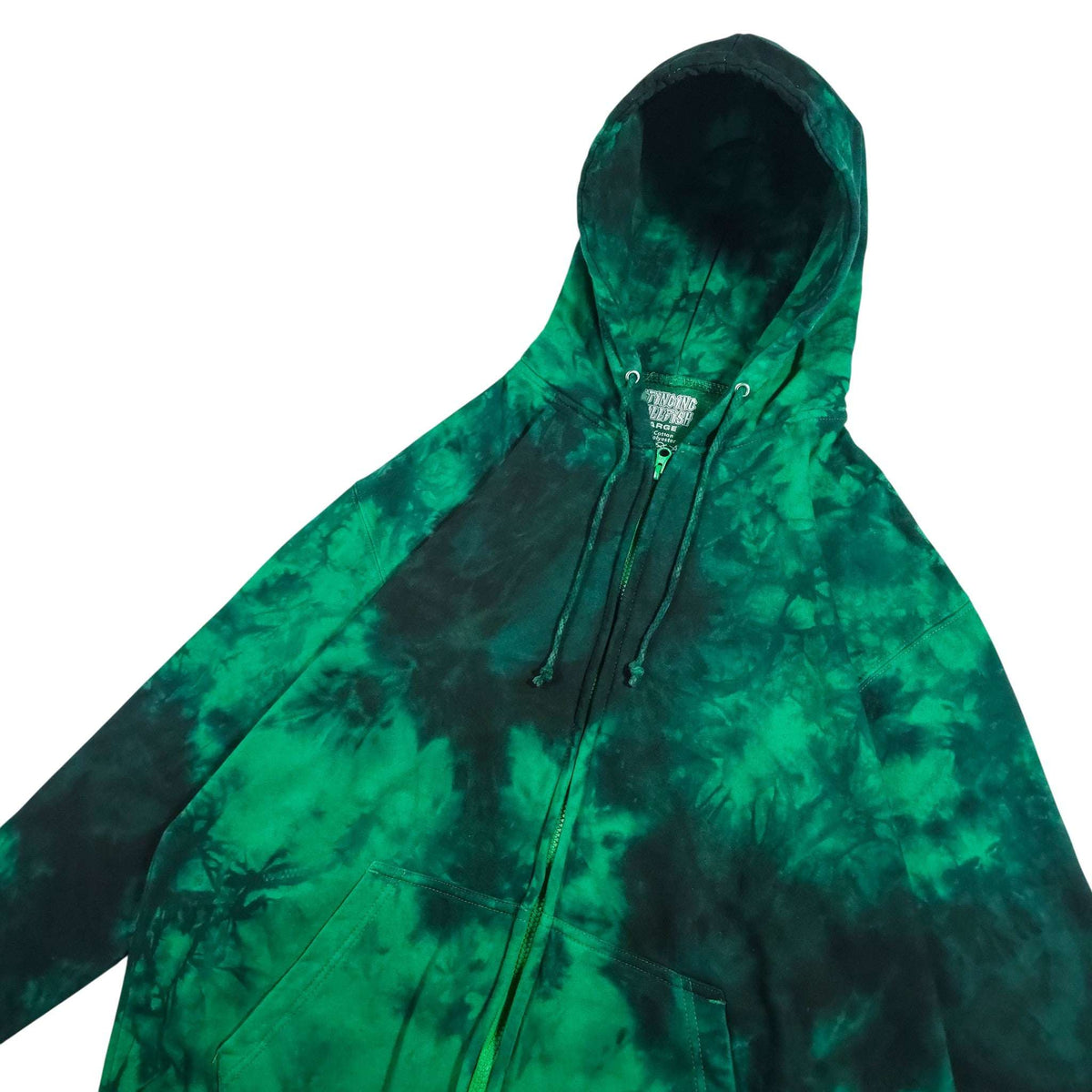 Green and black tie-dye zip hoodie with hood, front zipper, and kangaroo pocket