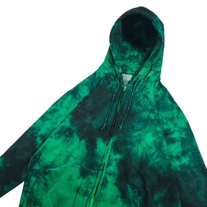 Green and black tie-dye zip hoodie with hood, front zipper, and kangaroo pocket