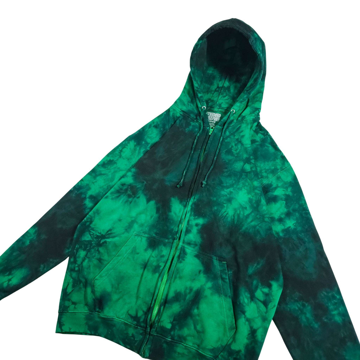 Green and black tie-dye zip hoodie with hood, drawstring cords, front pocket