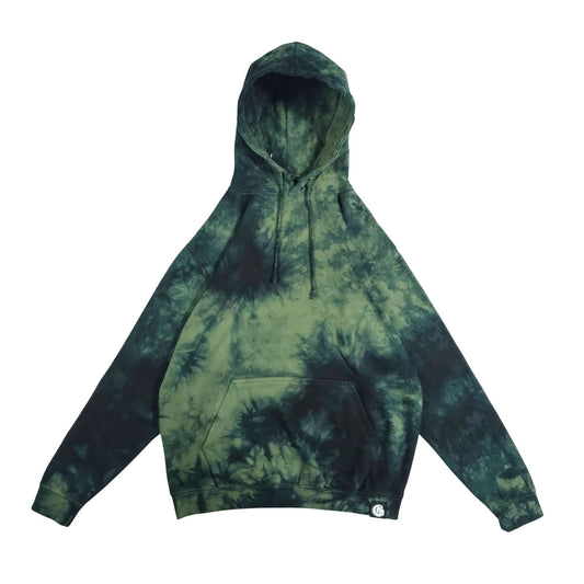 Tie-dye pullover hoodie in dark green and black with hood, drawstring, and front pocket