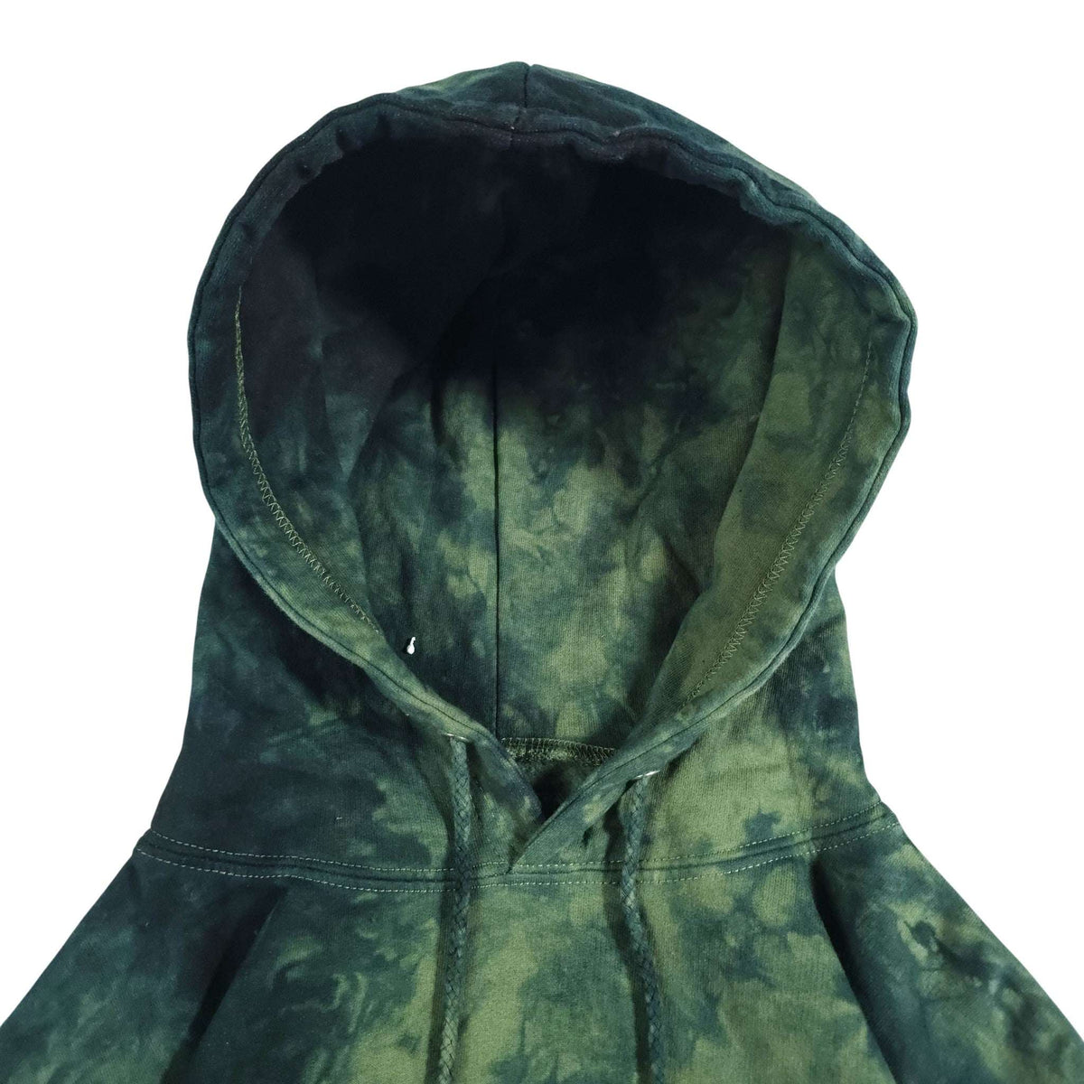 Back view of tie-dye pullover hoodie in dark green and black with hood and kangaroo pocket