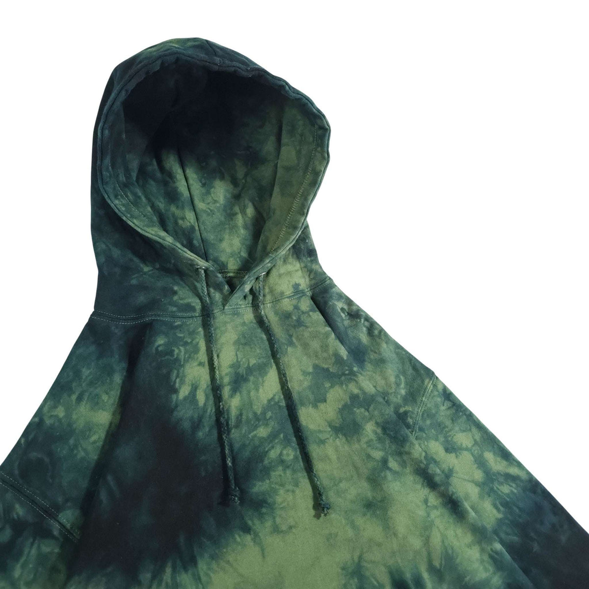 Tie-dye pullover hoodie in dark green and black with hood, drawstring, and kangaroo pocket