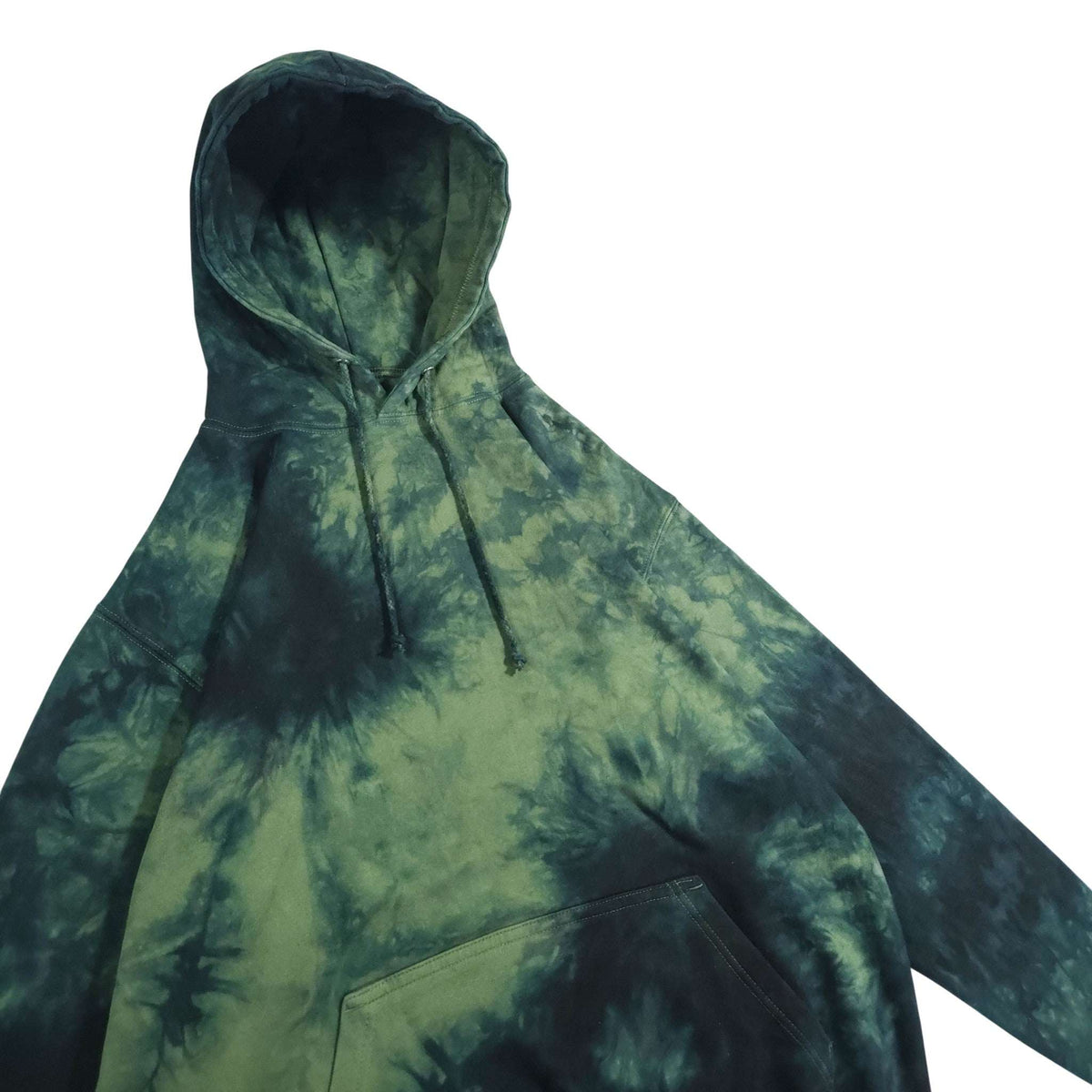 Tie-dye pullover hoodie in green and black with hood and drawstring, front pouch pocket