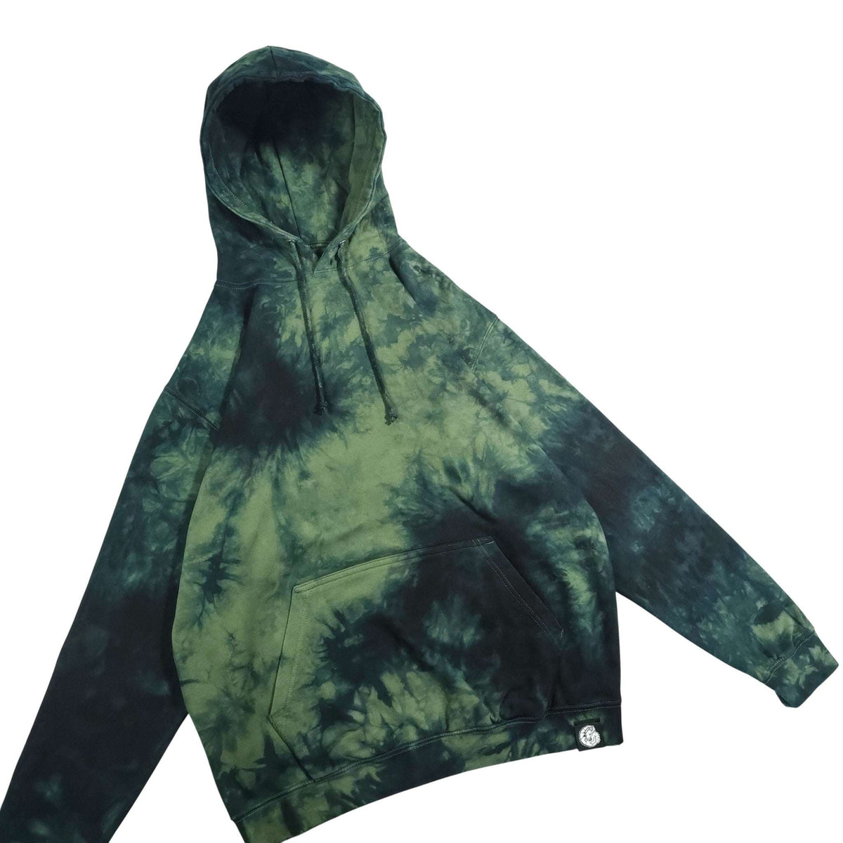 Tie-dye pullover hoodie with hood and drawstring in dark green/black, kangaroo pocket