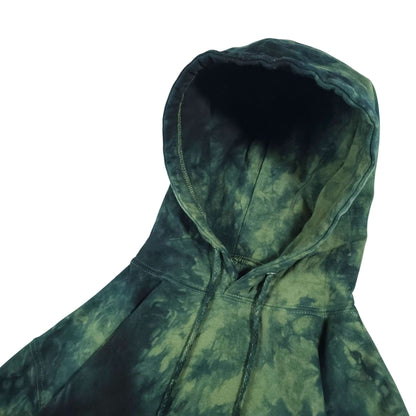 Close-up back view of tie-dye pullover hoodie in dark green and black with hood