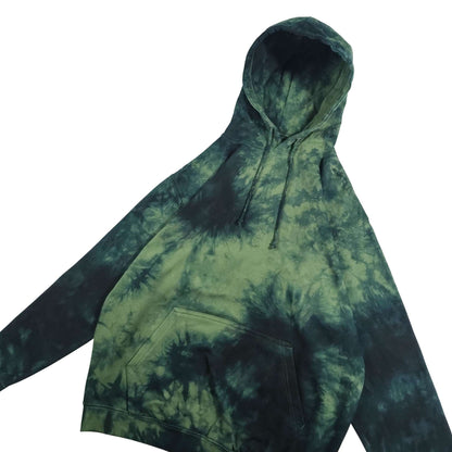 Tie-dye pullover hoodie in green and black with hood, drawstring, and front pocket