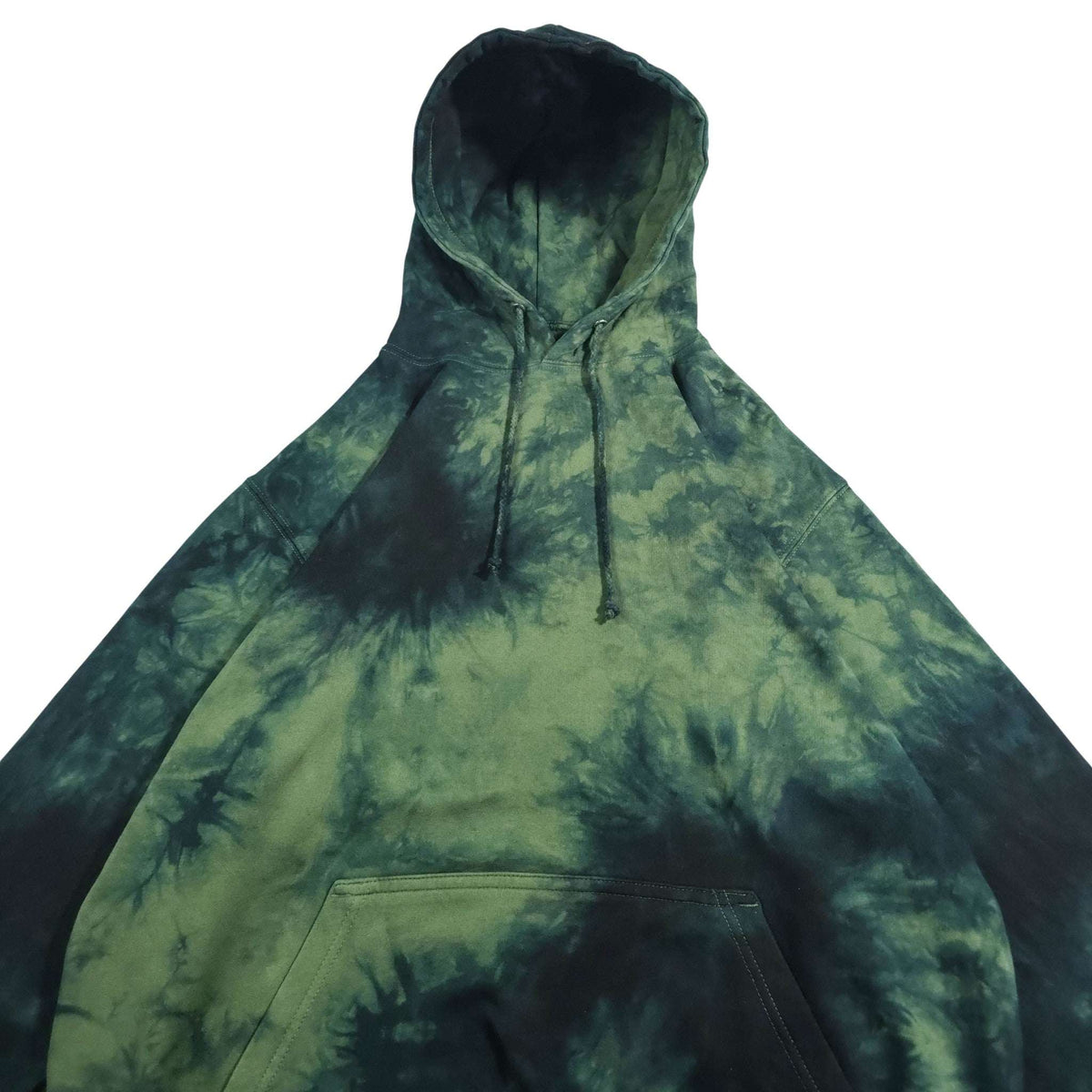 Front view tie-dye pullover hoodie in dark green/black with hood and pouch pocket