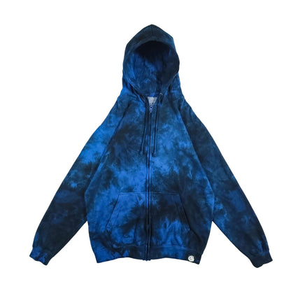 Royal blue and black tie-dye zip-up hoodie with hood and front pockets