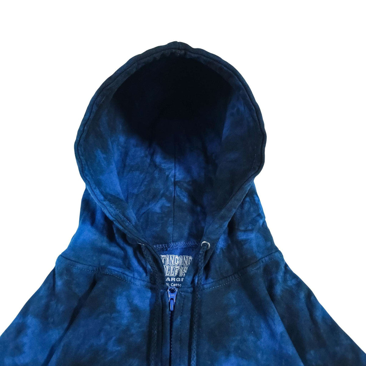 Blue tie-dye zip-up hoodie hooded neckline with drawstrings and zipper close-up
