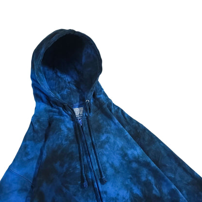 Blue tie-dye zip-up hoodie with hood and long sleeves, front zipper and drawcords
