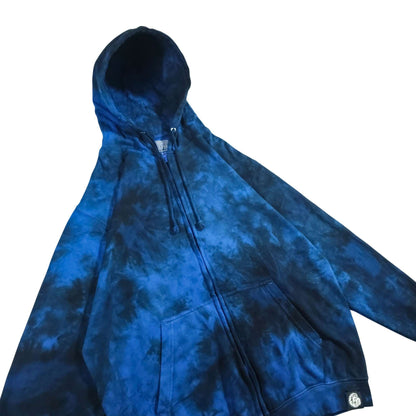 Blue tie-dye zip-up hoodie with hood, front zipper, and kangaroo-style pocket