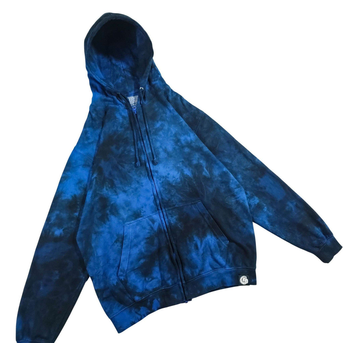 Blue tie-dye zip-up hoodie with hood, front pocket, and ribbed cuffs