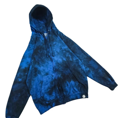 Blue tie-dye zip-up hoodie with hood, front pocket, and ribbed cuffs