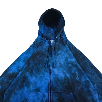Blue tie-dye zip-up hoodie with centered zipper and drawstring hood