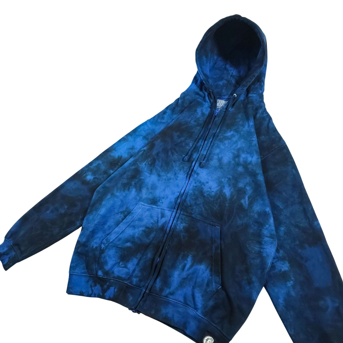 Blue tie-dye zip-up hoodie with hood, front pocket, and full-length sleeves