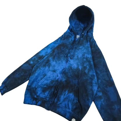 Blue tie-dye zip-up hoodie with hood, front pocket, and full-length sleeves