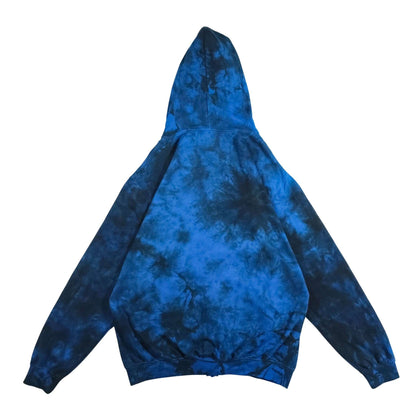 Blue tie-dye zip-up hoodie with hood and front zipper, side view