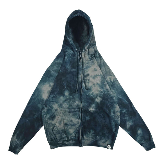 Tie-dye hoodie pullover with full front zipper and drawstring hood, blue and light gray