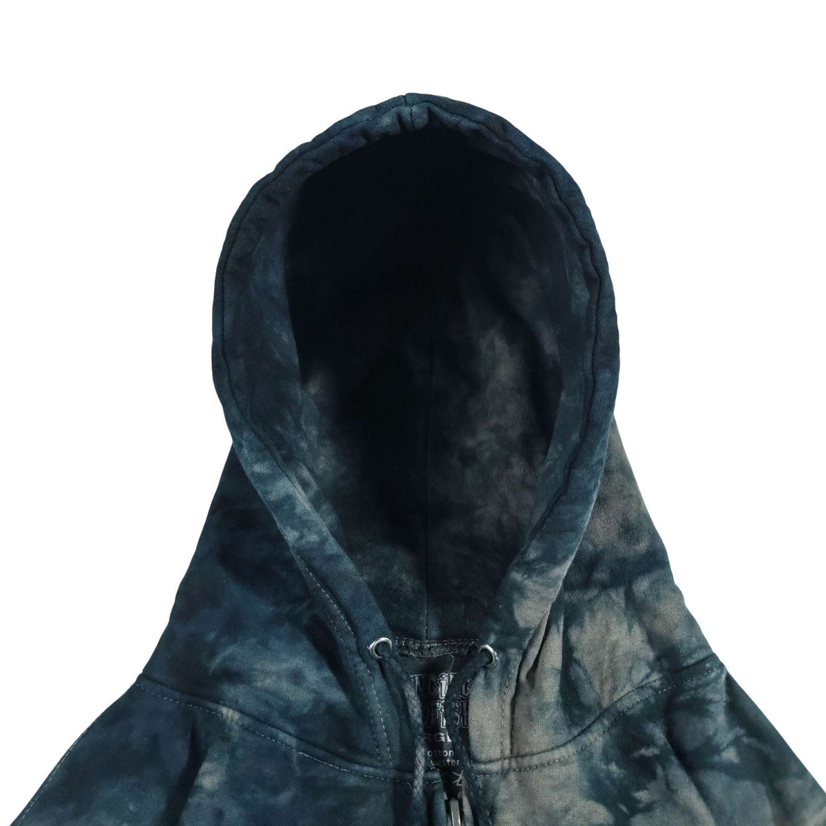 Tie-dye hoodie hood detail with drawstring and front zipper, blue and light gray