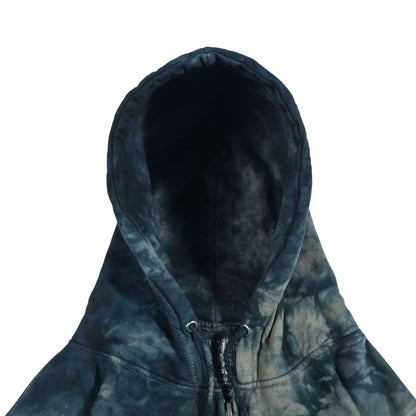 Tie-dye hoodie hood detail with drawstring and front zipper, blue and light gray