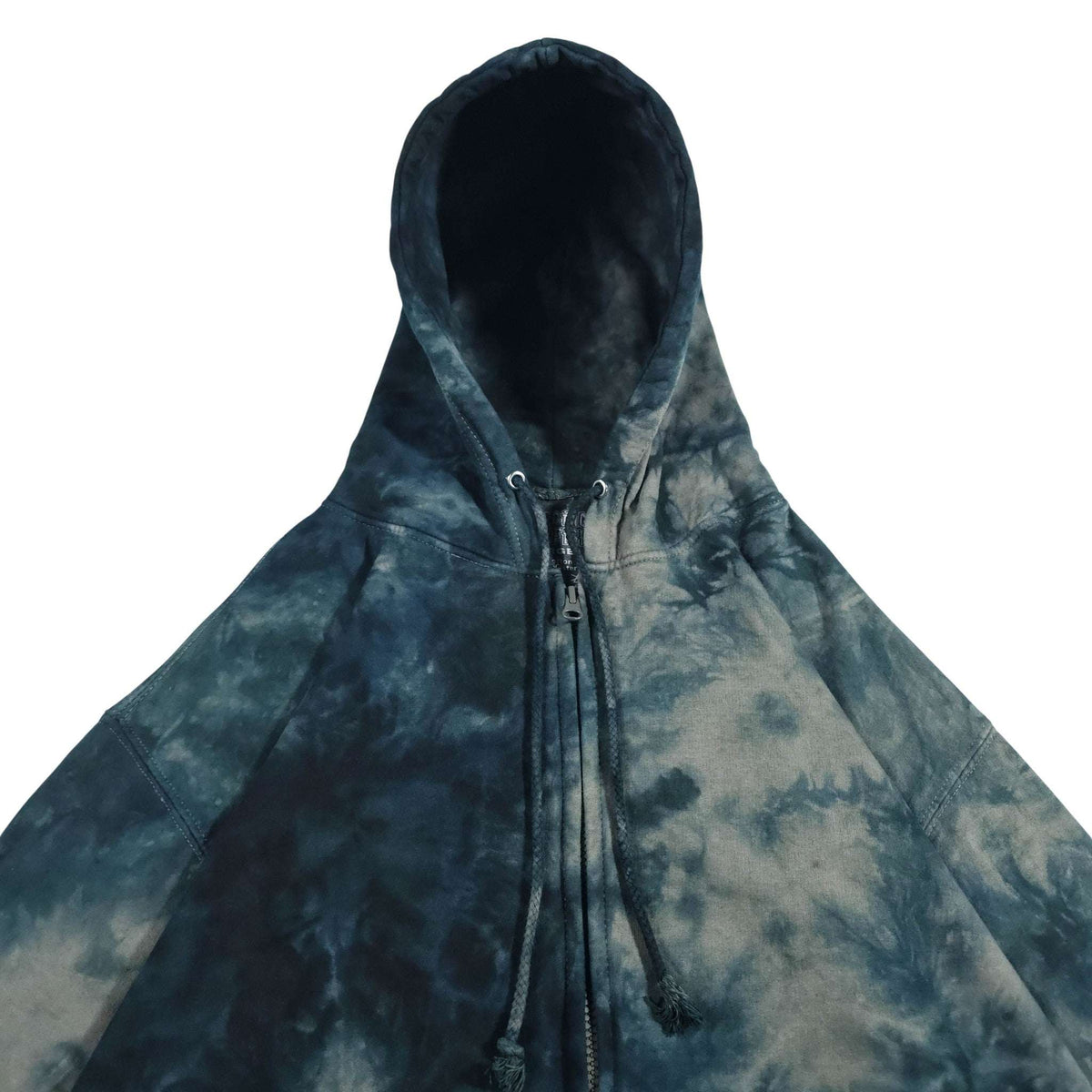 Tie-dye hoodie pullover with drawstring hood and center zipper, blue and light gray