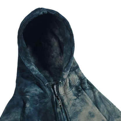 Tie-dye hoodie close-up of hood and zipper placket, blue and light gray