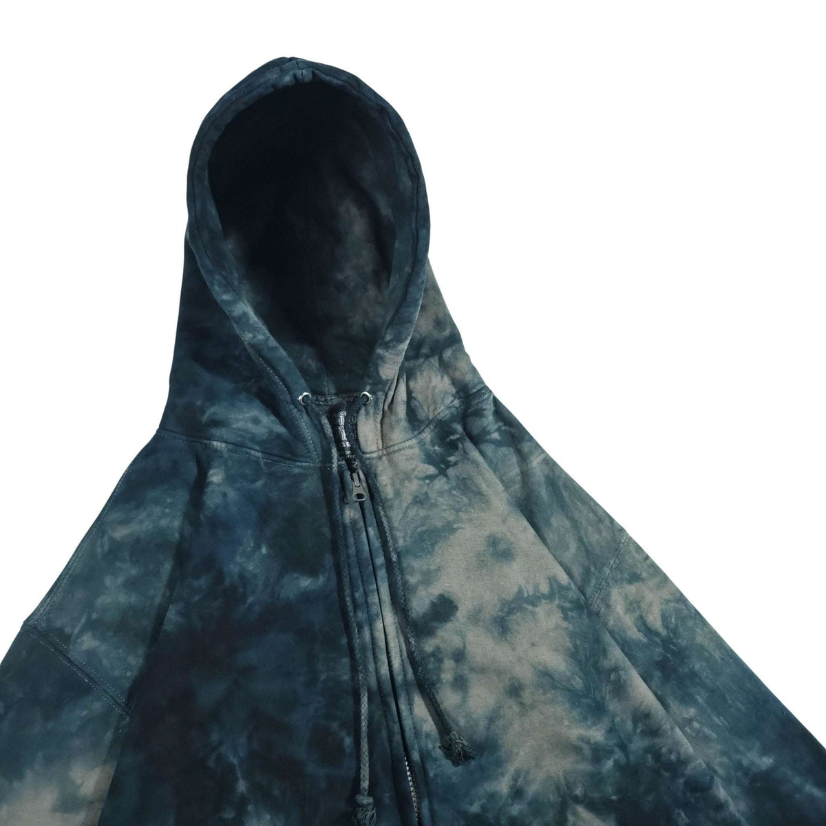 Tie-dye hoodie front view with drawstring hood and zipper, blue and light gray