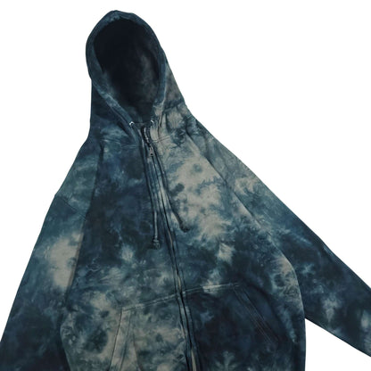 Tie-dye hoodie with center zipper and kangaroo pocket, blue and light gray