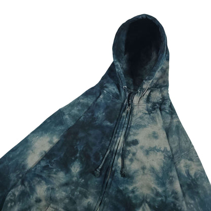 Tie-dye hoodie shoulder and hood view with drawstrings and front zipper, blue and light gray