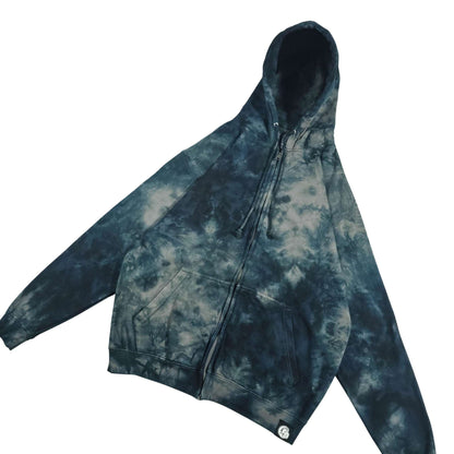 Tie-dye pullover hoodie with full zipper, drawstring hood, blue and light gray