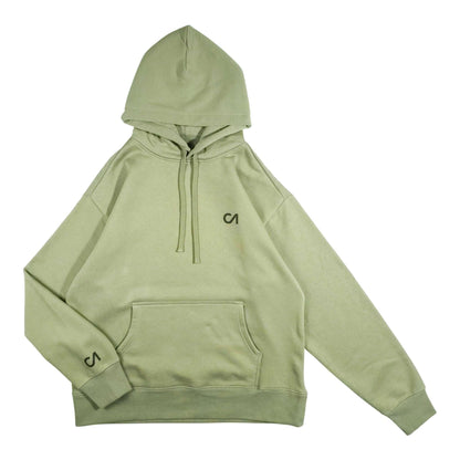Light green pullover hoodie with adjustable drawstring hood and front kangaroo pocket