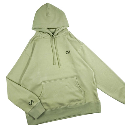 Light green pullover hoodie with drawstring hood, kangaroo pocket, and CA chest logo