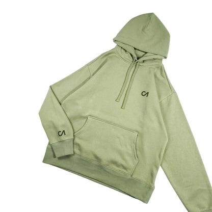 Light green pullover hoodie with drawstring hood and front kangaroo pocket