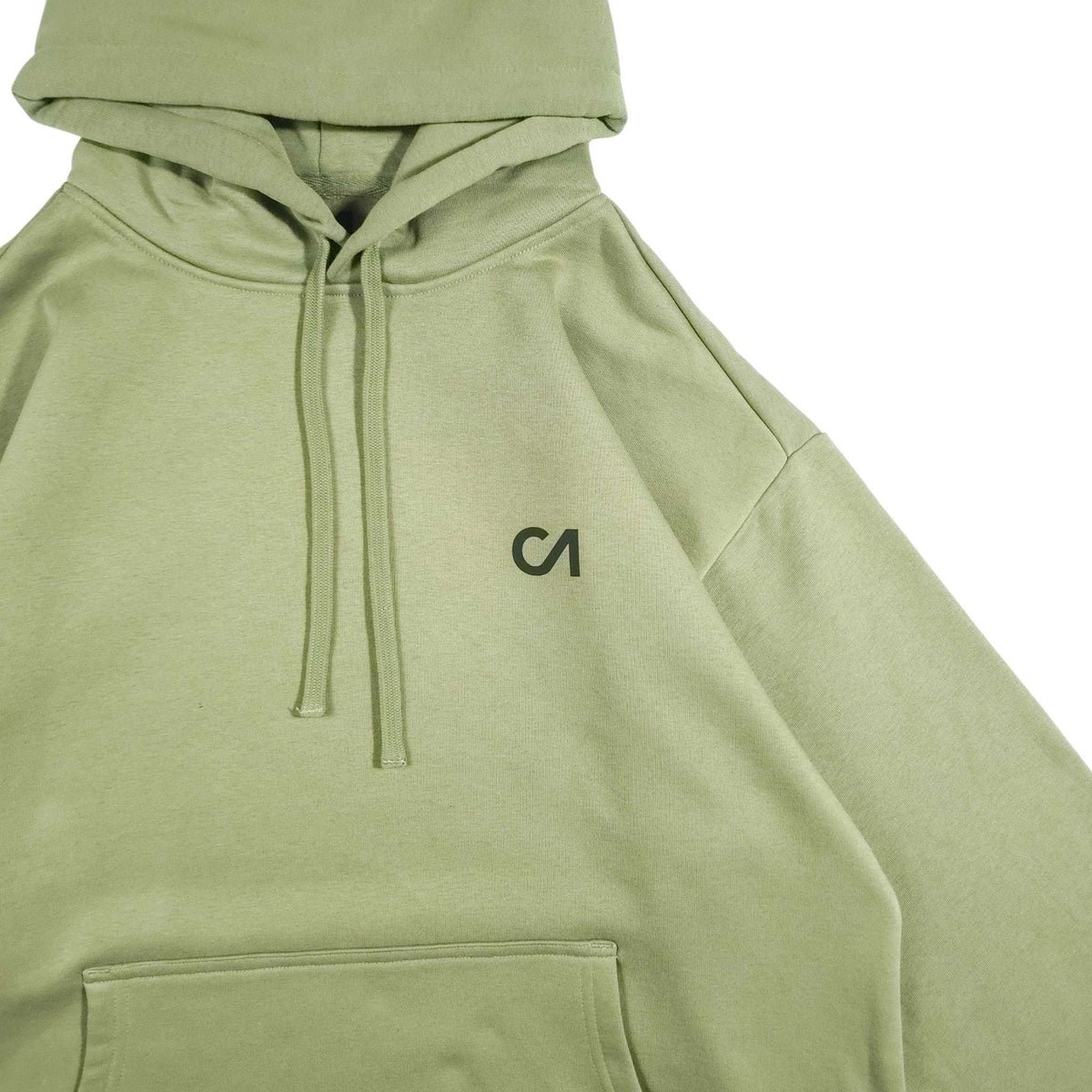 Light green hoodie with drawstring hood, CA logo on chest, and kangaroo pocket