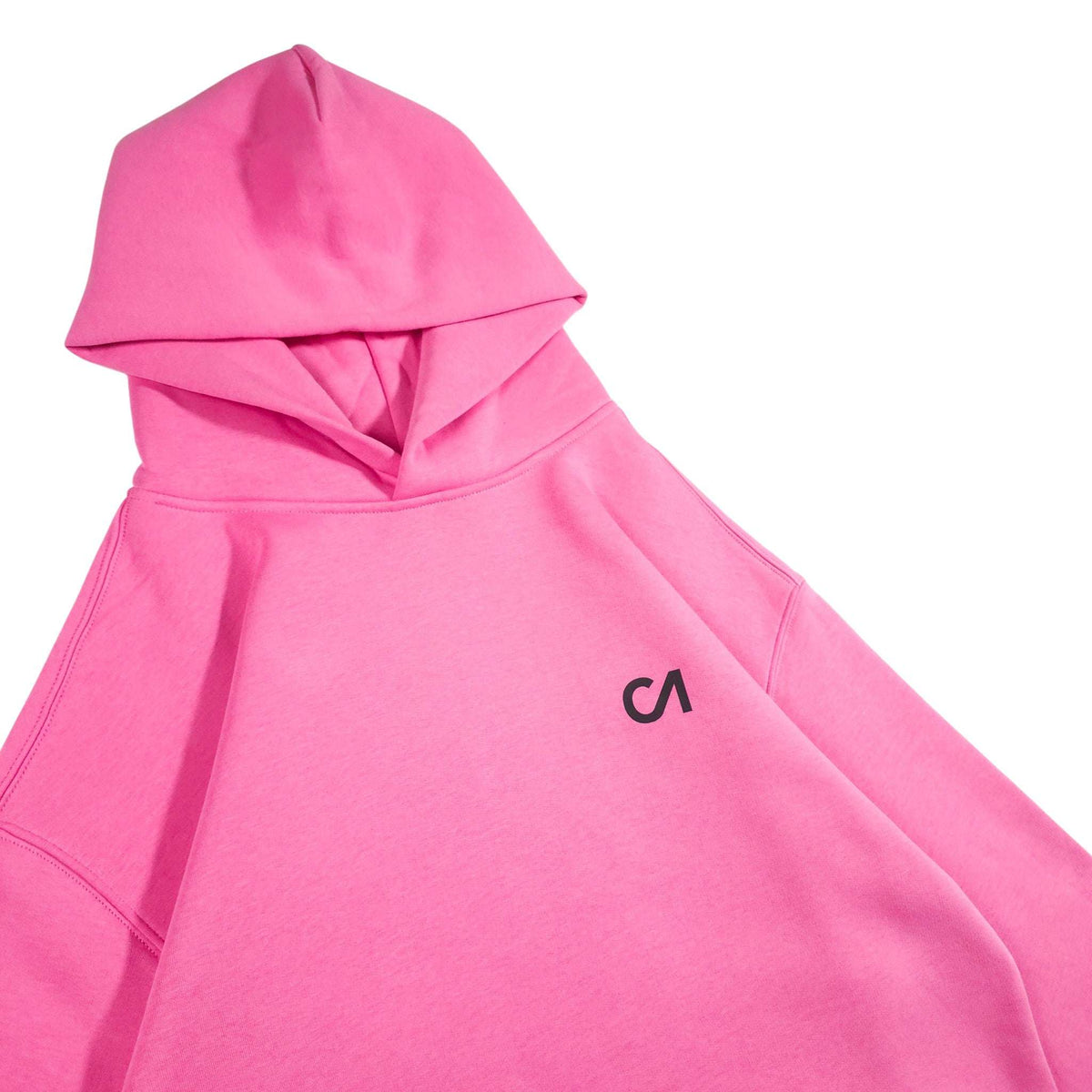 Pink hoodie with adjustable hood and small black logo on chest, front view