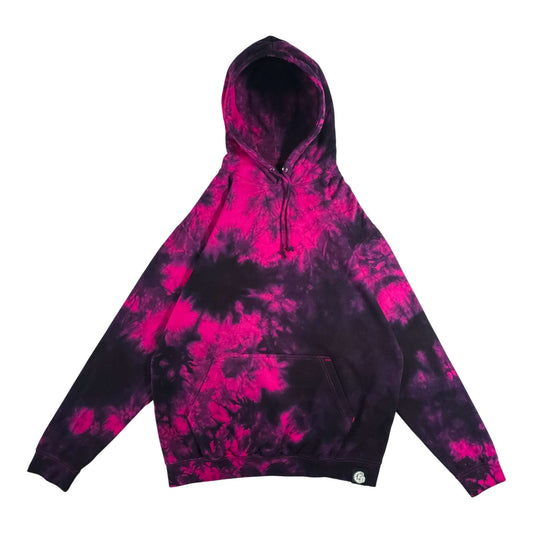Hot pink and black tie-dye pullover hoodie, zipless hood with drawstrings, front pouch pocket