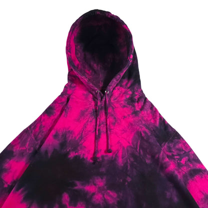 Hot pink and black tie-dye pullover hoodie with adjustable drawstring hood and front center seam