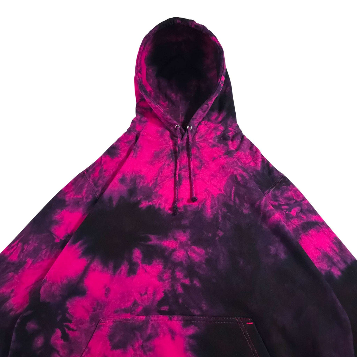 Hot pink and black tie-dye pullover hoodie front view with drawstring hood and pouch pocket