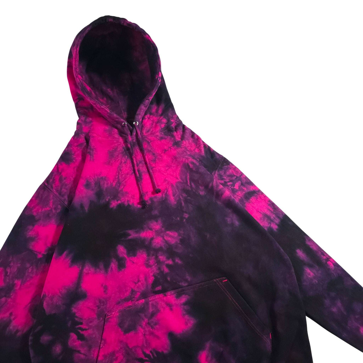 Hot pink and black tie-dye pullover hoodie, front pouch pocket and drawstring hood